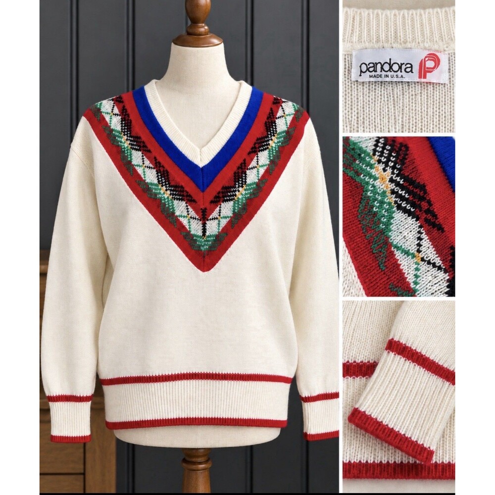 Vintage Pandora Womens V-Neck Sweater Made in USA Preppy Collegiate Sz Large